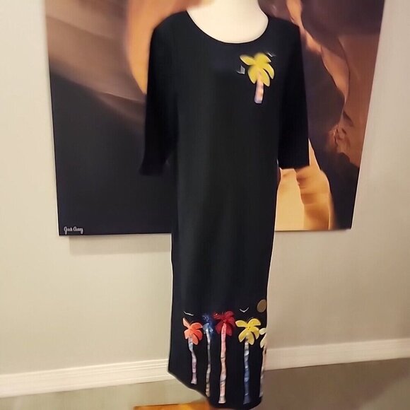 Vintage KARLA MARIE BLACK Casual Tshirt Dress PM Petite Medium Palm Tree - Picture 1 of 8